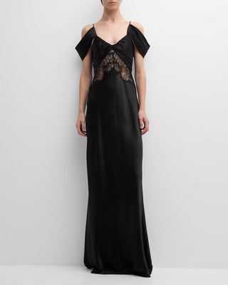 Draped Off-The-Shoulder Lace-Inset Satin Gown