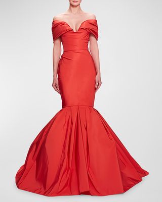 Draped Off-The-Shoulder Silk Faille Mermaid Gown