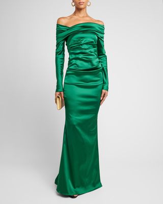 Draped Off-The-Shoulder Stretch Satin Duchesse Gown