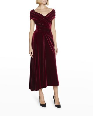Draped Off-The-Shoulder Velvet Midi Dress