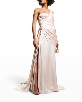 Draped One-Shoulder Beaded Open-Back Silk Gown