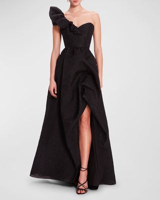 Draped One-Shoulder Cloque Ballgown