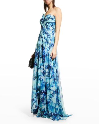 Draped One-Shoulder Floral Chiffon Gown