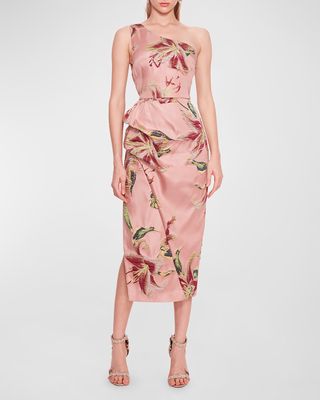 Draped One-Shoulder Floral Jacquard Midi Dress