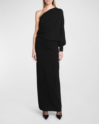 Draped One-Shoulder Long-Sleeve Cashmere Knit Maxi Dress