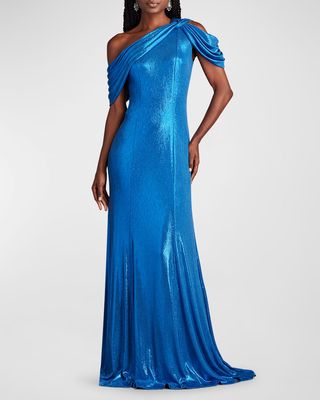 Draped One-Shoulder Metallic Jersey Gown