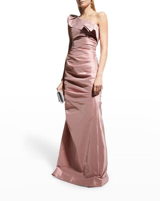 Draped One-Shoulder Ruffle Gown