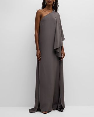Draped One-Shoulder Side-Slit Double Silk Gown