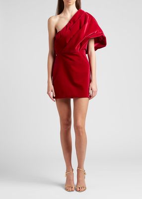 Draped One-Shoulder Velvet Mini Dress