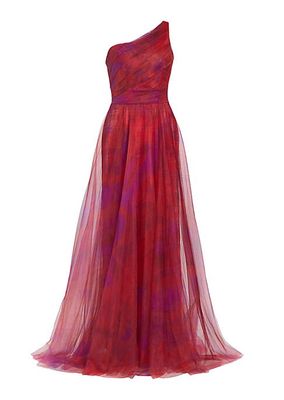 Draped Printed One-Shoulder Gown