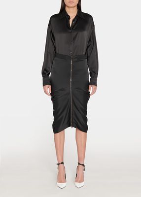 Draped Satin Zip-Front Midi Skirt