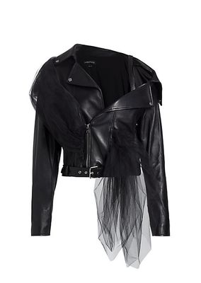 Draped Tulle Leather Biker Jacket