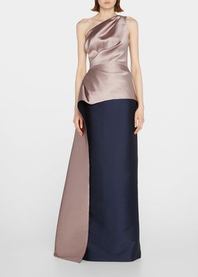 Draped Two-Tone One-Shoulder Gown