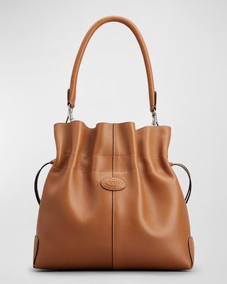 Drawstring Ruched Leather Top-Handle Bag