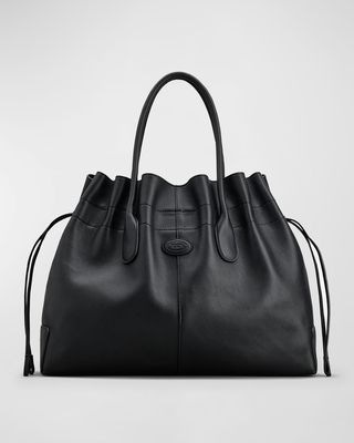 Drawstring Ruched Leather Tote Bag