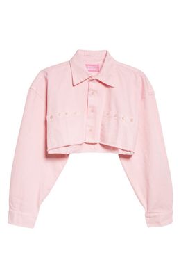 DREAM BABY Crop Button-Up Denim Shirt in Light Pink