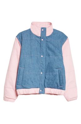 DREAM BABY Padded Patchwork Mixed Media Jacket in Blue Pink