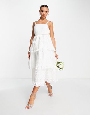 Dream Sister Jane Bridal tiered midi dress in lace with pearl details-White