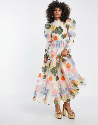 Dream Sister Jane puff sleeve maxi dress in rainbow floral jacquard-Multi