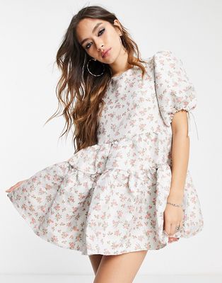 Dream Sister Jane puff sleeve mini dress with open back in delicate rose jacquard-White