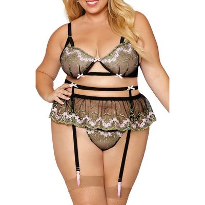 Dreamgirl Embroidered Underwire Bra, Garter Belt & Thong Set in Black/pink 