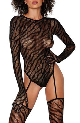 Dreamgirl Fishnet Glove Sleeve Teddy with Thigh High Stockings in Black