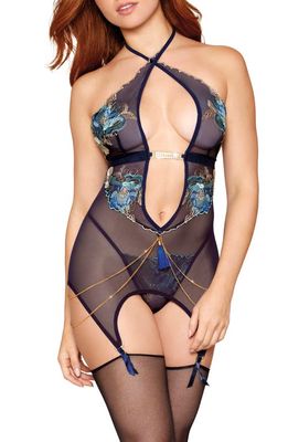 Dreamgirl Floral Embroidered Basque & G-String Set in Denim 