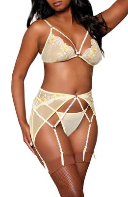 Dreamgirl Floral Mesh Bralette, Garter Belt & G-String Set in Daffodil 