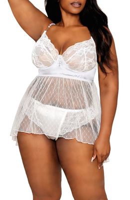 Dreamgirl Lace & Satin Babydoll Chemise & Panty Set in White 