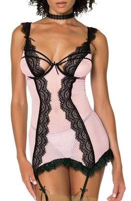 Dreamgirl Lace Trim Underwire Basque with Garter Straps & G-String Thong in Pink/black