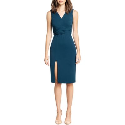 Dress the Population Alessia Tie Waist Crepe Dress in Peacock Blue 