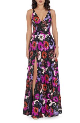 Dress the Population Alyssa Sequin Floral Sleeveless Gown in Black Multi