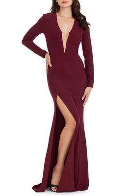Dress the Population Amber Long Sleeve Illusion Mesh Gown in Burgundy