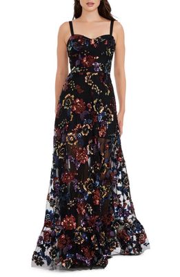 Dress the Population Anabel Sequin Floral Gown in Black Multi