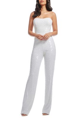 Dress the Population Andy Sequin Strapless Jumpsuit in White Multi