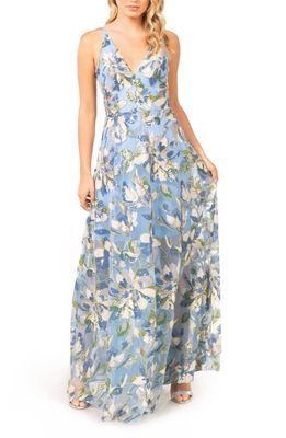 Dress the Population Ariyah Floral Sequin Gown in Sky Blue Multi