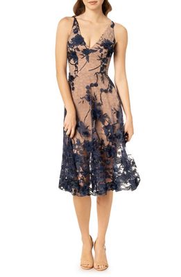 Dress the Population Audrey Embroidered Fit & Flare Dress in Navy