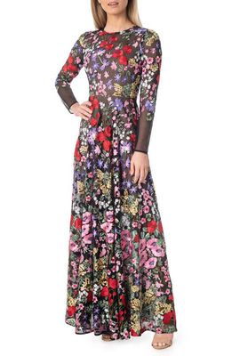 Dress the Population Ava Floral Embroidered Long Sleeve Gown in Rouge Multi