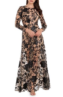 Dress the Population Ava Sequin Floral Embroidered Long Sleeve Gown in Black- Beige