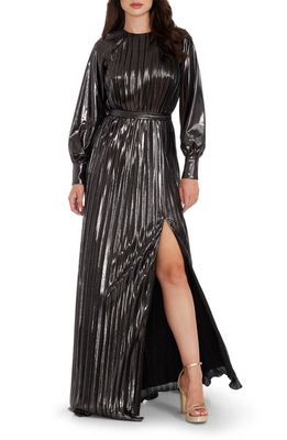 Dress the Population Calista Metallic Jacquard Stripe Long Sleeve Gown in Gunmetal