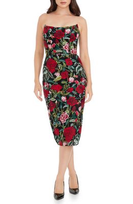 Dress the Population Cosette Floral Embroidered Strapless Body-Con Dress in Black Multi