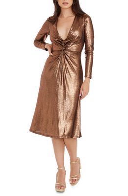 Dress the Population Daria Metallic Long Sleeve Fit & Flare Dress in Bronze