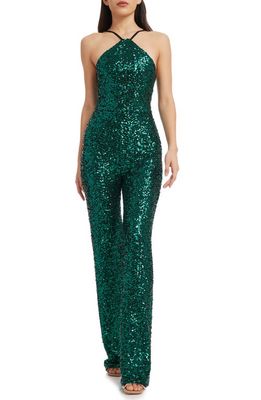 Dress the Population Darian Sequin Halter Jumpsuit in Deep Emerald