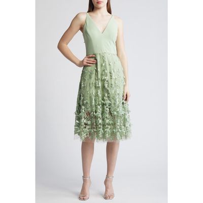 Dress the Population Darleen V-Neck Embroidered Mesh Cocktail Dress in Sage