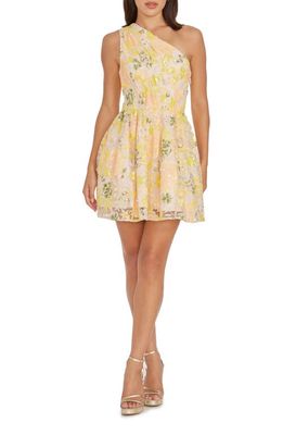 Dress the Population Delaney Floral One-Shoulder Fit & Flare Minidress in Canary Multi at Nordstrom, Size Medium