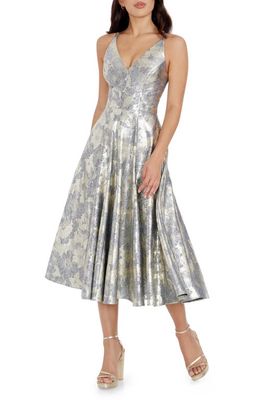 Dress the Population Delilah Metallic Floral Fit & Flare Midi Dress in Pewter Multi