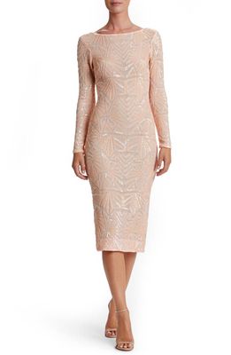 Dress the Population Emery Long Sleeve Sequin Cocktail Dress in Peach/Nude