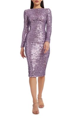 Dress the Population Emery Long Sleeve Sequin Cocktail Midi Dress in Lavender Multi