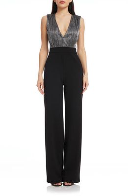 Dress the Population Everette Metallic Bodice Mixed Media Jumpsuit in Black-Silver