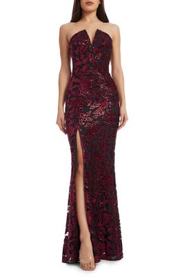 Dress the Population Fernanda Floral Sequin Strapless Evening Gown in Burgundy-Black
